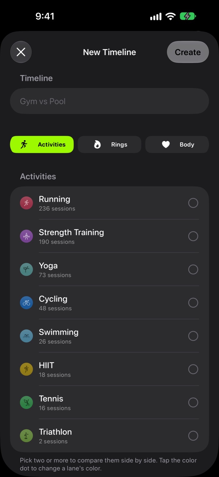 Sports — Six groups, from endurance to mind and body. Each group is a lane.