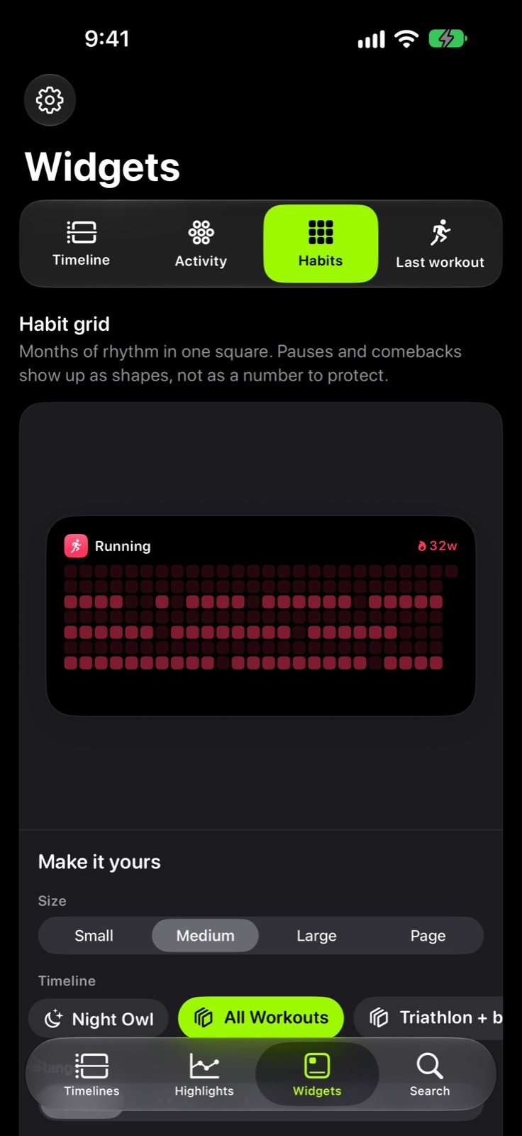 Habit grid — Your training rhythm at a glance.